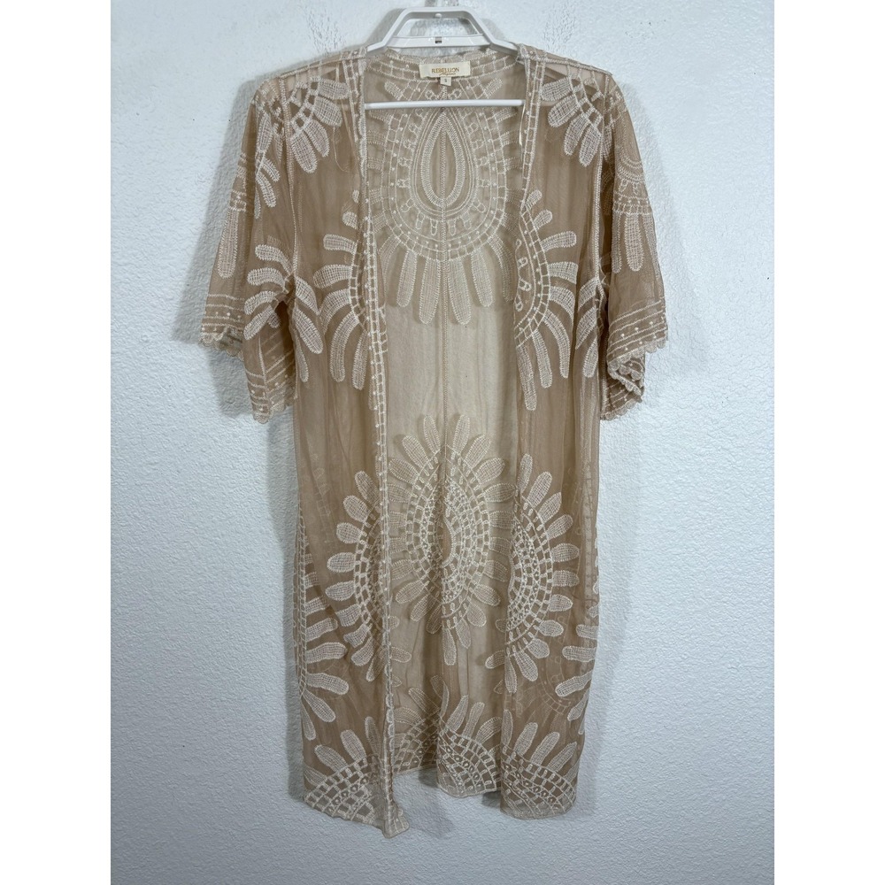 Rebellion Duster Womens Small Beige Embroidered Sheer Boho Whimsigoth Kimono Top